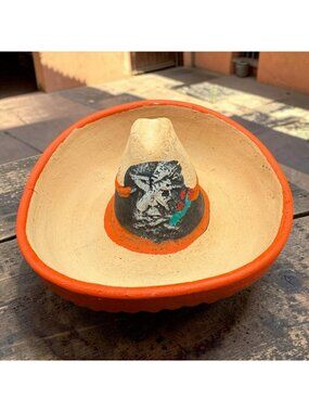 Handcrafted Clay Sombrero Hat Decor Painted Design Orange & Beige Made In Mexico